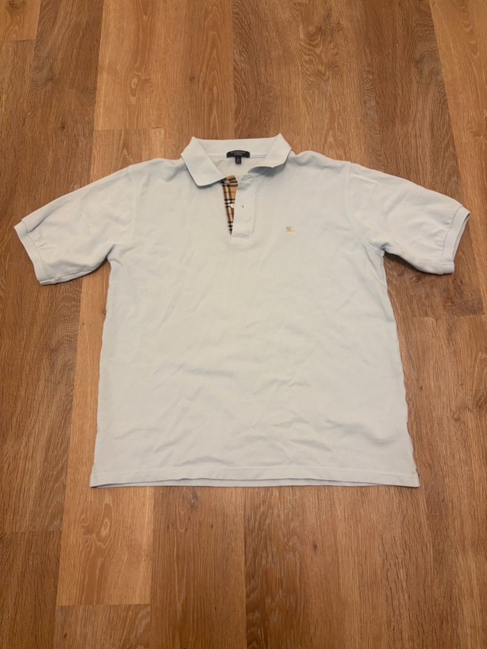 Burberry Knit Light Blue Polo Signature Plaid Trim Mens Large Made in Britain